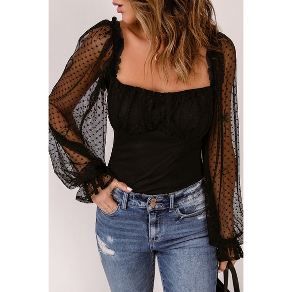 Tops - Swiss Dot Frill Trim Flounce Sleeve Top